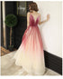 Lovely Pink Gradient Velvet Top Long Evening Dress, A-line Pink Tulle Prom Dress Party Dress