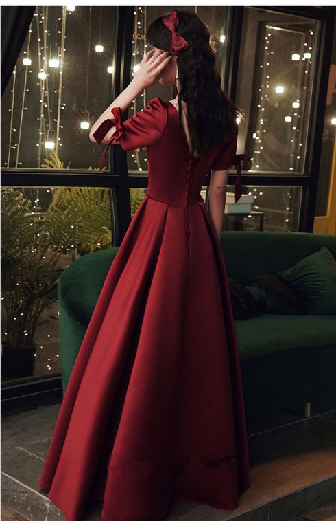 Burgundy Satin Short Sleeves A-line Floor Length Prom Dress, Burgundy Party Dress