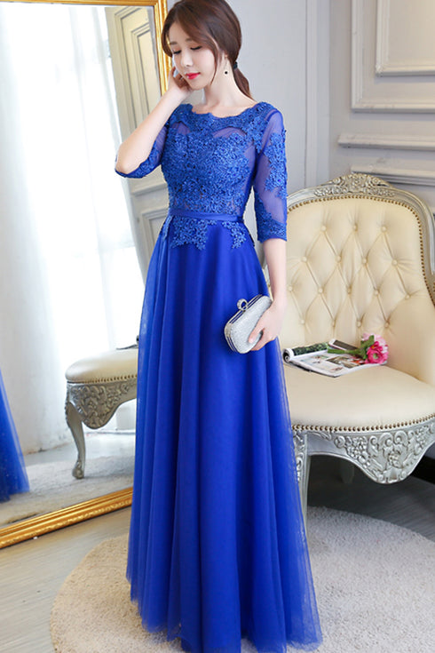Blue Lace and Tulle 1/2 Sleeves Long A-line Bridesmaid Dress, Blue Party Dres Formal Dress