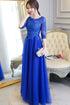 Blue Lace and Tulle 1/2 Sleeves Long A-line Bridesmaid Dress, Blue Party Dres Formal Dress