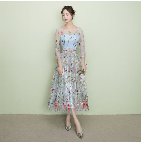 Light Blue Tea Length Lace Floral Wedding Party Dress, Beautiful Formal Dress
