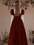 Wine Red Short Sleeves Velvet Sweetheart Party Dress, Velvet Long Formal Dress