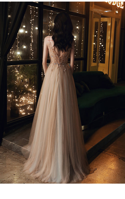 Sexy Champagne Beaded Deep V-neckline Long Party Dress, Tulle A-line Prom Dress Evening Dress
