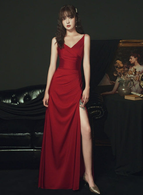 Sexy Wine Red Satin Straps Long Party Dress, Charming Dark Red Formal Dresses