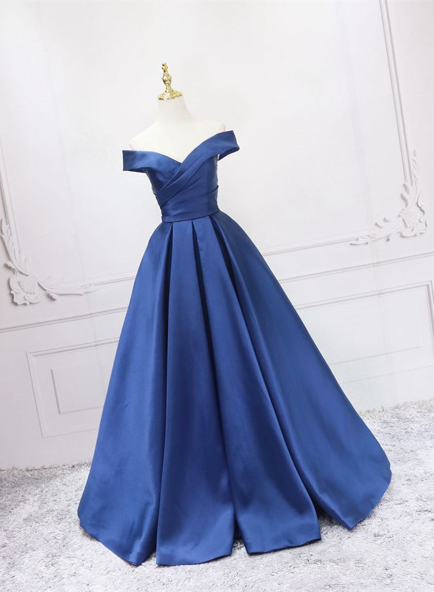 Off Shoulder Blue Satin A-line Floor Length Prom Dress, Blue Simple Fo   BeautyDressy