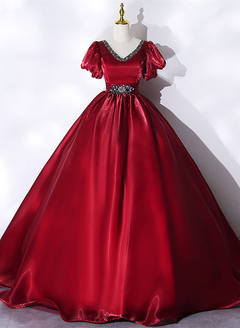Wine Red V-neckline Beaded Ball Gown Prom Dress, Wine Red Sweet 16 Dress