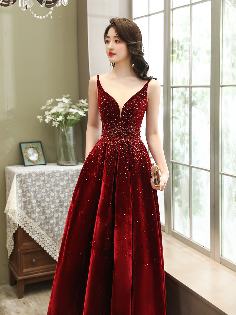 Wine Red Velvet Straps Long Evening Dress, Floor Length Prom Dress, Pa