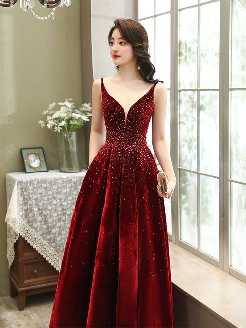 Wine Red Velvet Straps Long Evening Dress, Floor Length Prom Dress, Paty Dress
