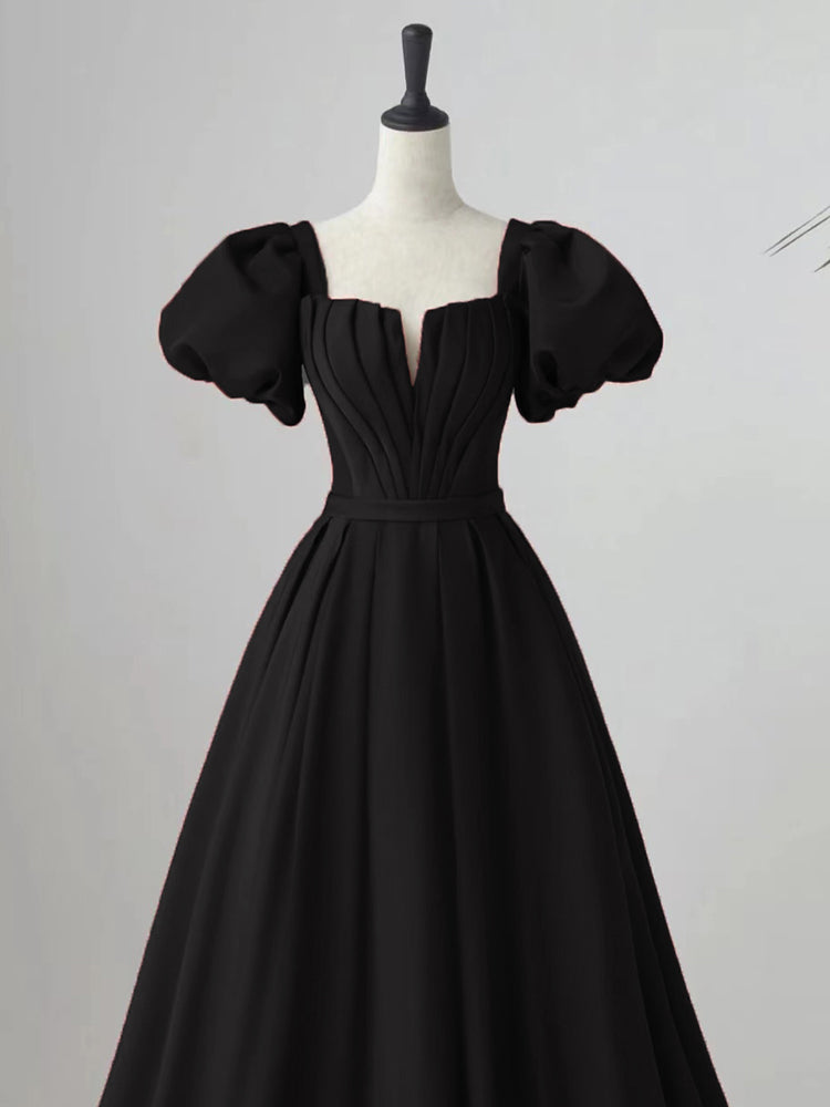 Black High Split Satin Evening Dress Square Collar Puff Long Sleeves Y7093 main image 1