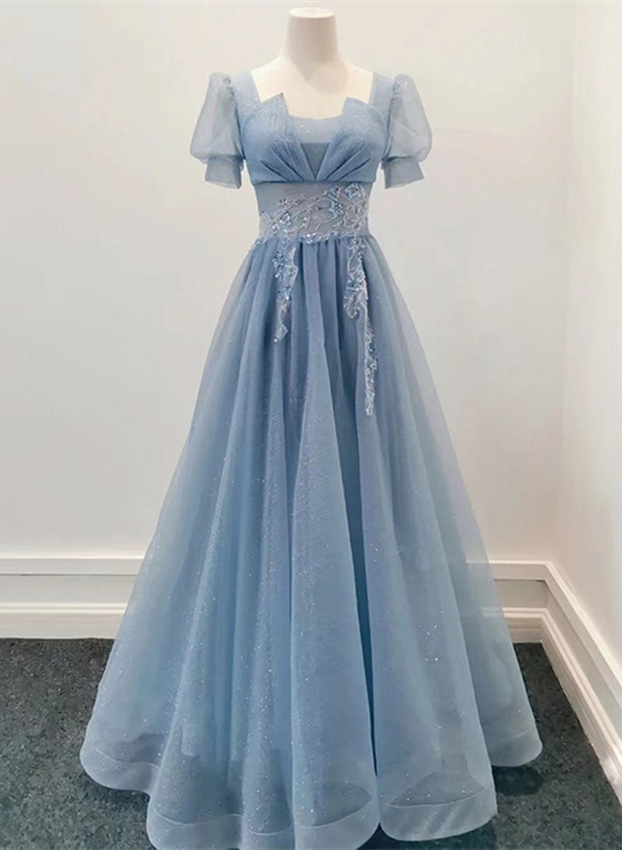 Blue Shiny Tulle Short Sleeves Long Formal Dress, Blue A-line Prom Dre