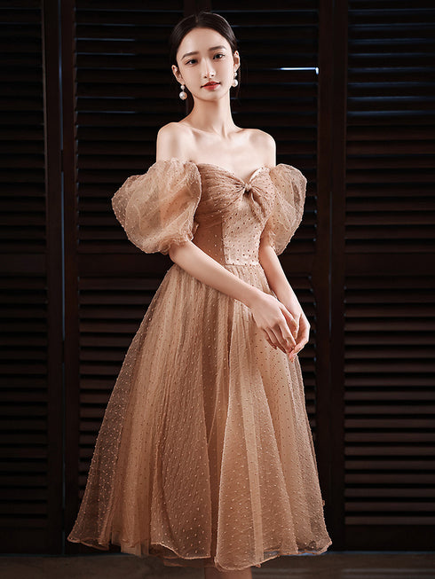 Champagne Tea Length Off Shoulder Champagne Homecoming Dresses, Short Prom Dress