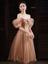 Champagne Tea Length Off Shoulder Champagne Homecoming Dresses, Short Prom Dress