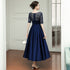 Navy Blue Tea Length Satin Short Sleeves Party Dress, Blue Wedding Party Dresses