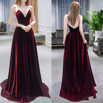 Charming Velvet Wine Red Straps Long Party Gown, Prom Dress