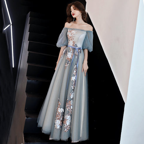 Charming Off Shoulder Tulle long Party Dress, Floral Applique Party Dress