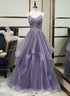 Purple Tulle Layers Long Formal Gown, Lace Applique Top Party Dress