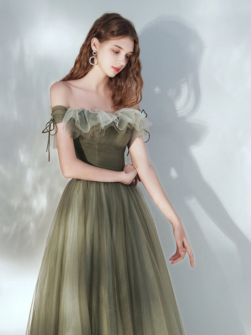 Green Off Shoulder Tulle Long Junior Prom Dress, Green Floor Length Party Dress