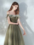 Green Off Shoulder Tulle Long Junior Prom Dress, Green Floor Length Party Dress