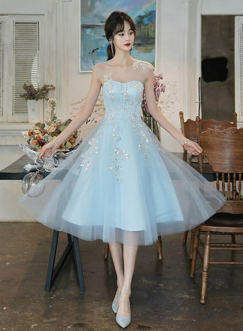 Cute Blue Short Tulle with Beaded Lace Party Dress, Blue Homecoming Dresses