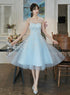 Cute Blue Short Tulle with Beaded Lace Party Dress, Blue Homecoming Dresses