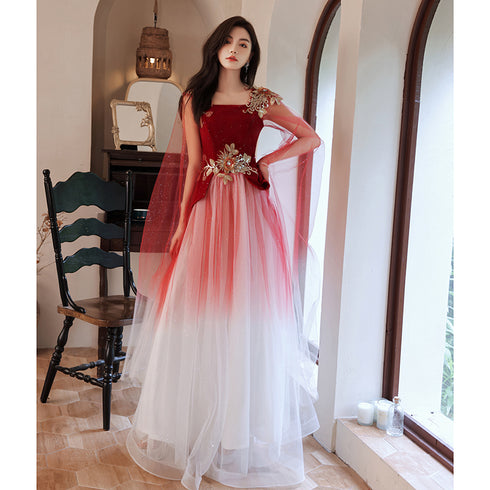 Red Gradient Tulle with Flowers Long Wedding Party Dress, Red Formal Dress
