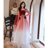 Red Gradient Tulle with Flowers Long Wedding Party Dress, Red Formal Dress