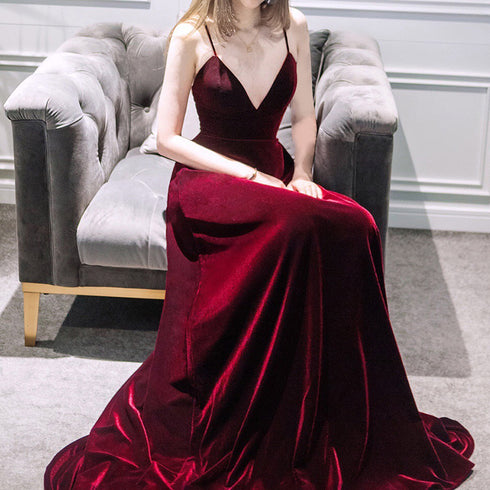 Charming Velvet Wine Red Straps Long Party Gown, Prom Dress