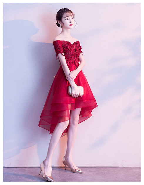 Red High Low Lace Flowers Tulle Off Shoulder Party Dress, Red Party Dress Formal Dresses