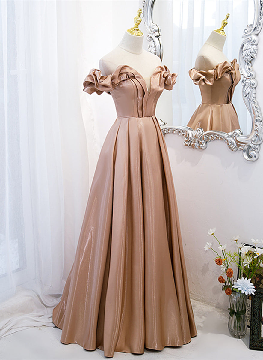 Champagne Satin Short Sleeves A-Line Party Dress, Champagne Satin Long Evening Dress