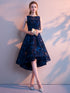 Navy Blue Lace High Low Round Neckline Party Dress, Blue Prom Dress Homecoming Dress