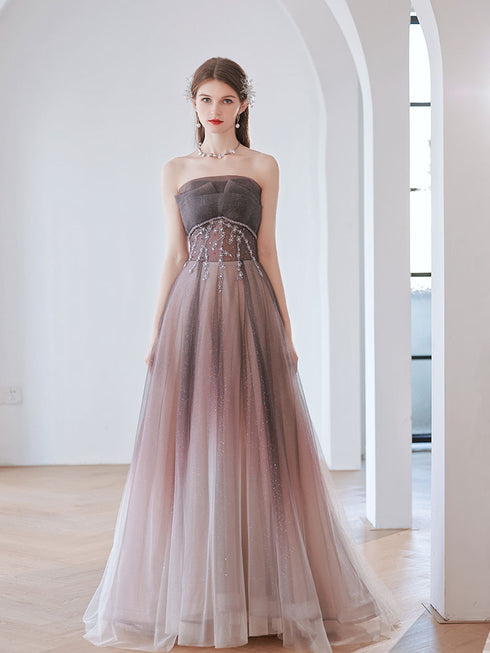 Charming Gradient A-line Pink Beaded Long Evening Gown, Tulle Long Prom Dress