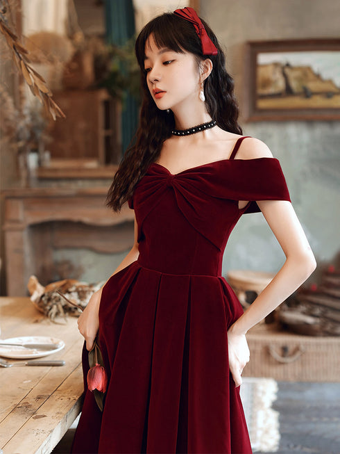 Wine Red Velvet Off Shoulder Long Prom Dress, Wine Red Party Dress Formal Dress
