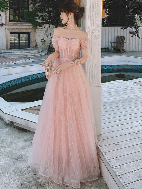 Pink Off Shoulder Tulle Simple A-line Party Dress Prom Dress, Pink Formal Gown 2022