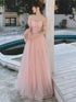 Pink Off Shoulder Tulle Simple A-line Party Dress Prom Dress, Pink Formal Gown 2022