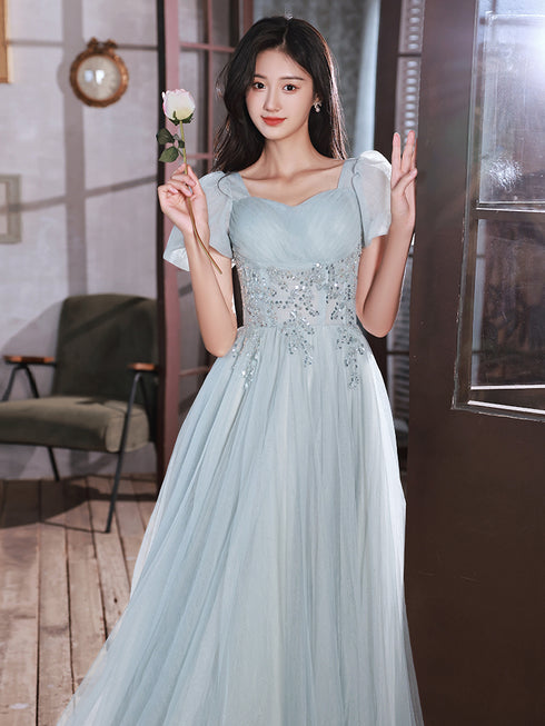 Light Blue Short Sleeves Beaded Tulle Long Party Dress, A-line Blue Formal Dresses