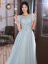 Light Blue Short Sleeves Beaded Tulle Long Party Dress, A-line Blue Formal Dresses