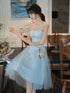 Cute Blue Short Tulle with Beaded Lace Party Dress, Blue Homecoming Dresses