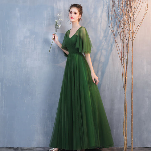 Dark green Tulle A-line Long Formal Dresses Evening Dress, Green Floor Length Bridesmaid Dresses