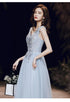 Light Blue V-neckline Tulle Long Prom Dress, A-line Tulle Evening Gown with Lace Applique