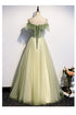 Lovely Flowers Off Shoulder Tulle Long Party Dress, A-line Tulle Light Green Prom Dress