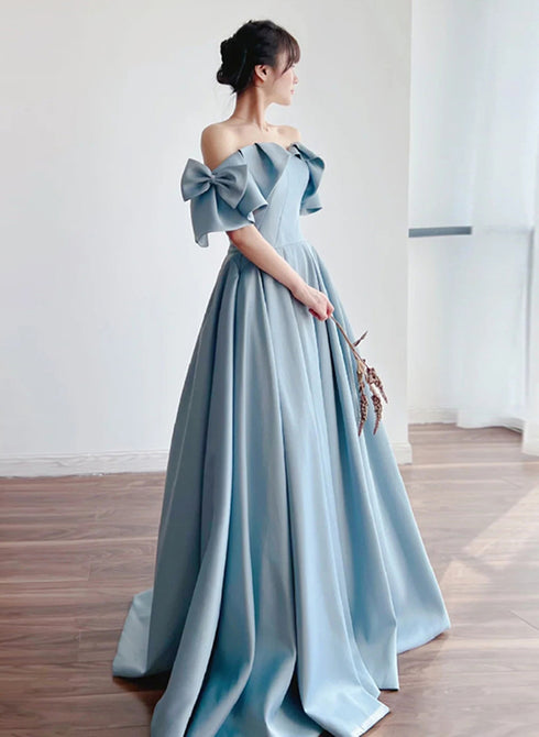 Blue Satin Off Shoulder Long Prom Dress with Bow, A-line Party Dress