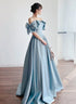 Blue Satin Off Shoulder Long Prom Dress with Bow, A-line Party Dress