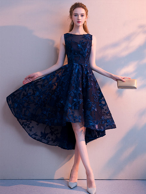 Navy Blue Lace High Low Round Neckline Party Dress, Blue Prom Dress Homecoming Dress