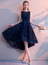 Navy Blue Lace High Low Round Neckline Party Dress, Blue Prom Dress Homecoming Dress