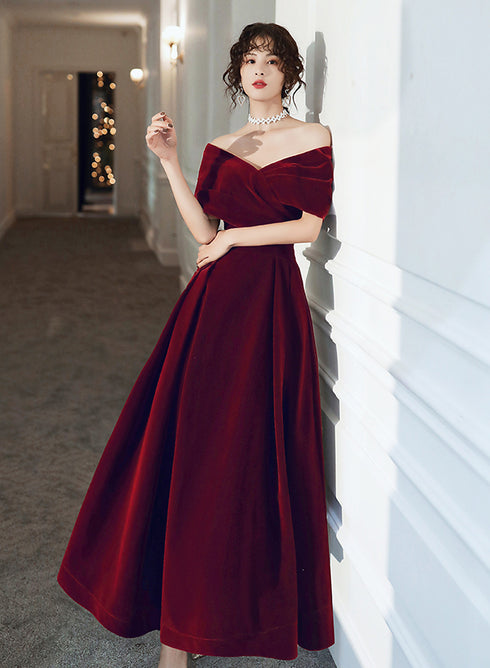 Wine Red Velvet Simple A-line Long Wedding Party Dress, Wine Red Evening Dress