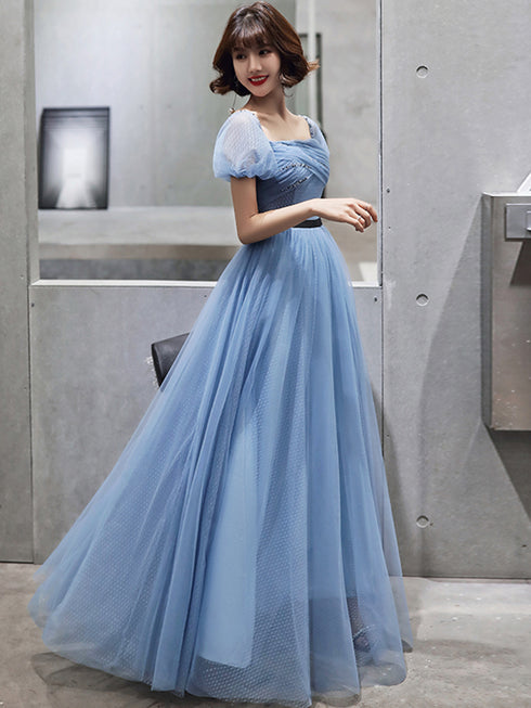 Blue Tulle Short Sleeves Long Party Dress, A-line Blue Prom Formal Dress