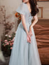 Light Blue Short Sleeves Beaded Tulle Long Party Dress, A-line Blue Formal Dresses