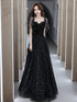Black Off Shoulder Tulle Long Prom Dress, A-line Black Shiny Tulle Formal Dress