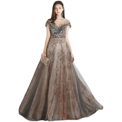 Grey and Champagne Tulle Lace Long Party Dress, A-line Formal Dress Prom Dress