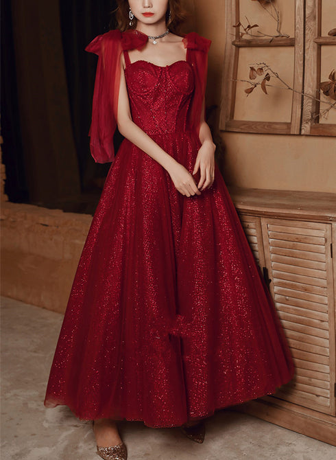 Wine Red Straps Sweetheart Shiny Tulle Party Dress, A-line Wine Red Formal Dress